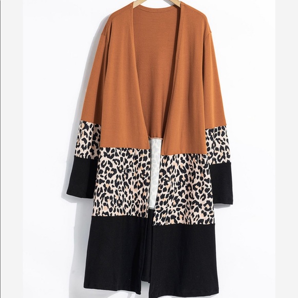 1Left! Black/Leopard/Burnt Orange ColorBlock Sweater Long Cardigan! - Picture 3 of 9